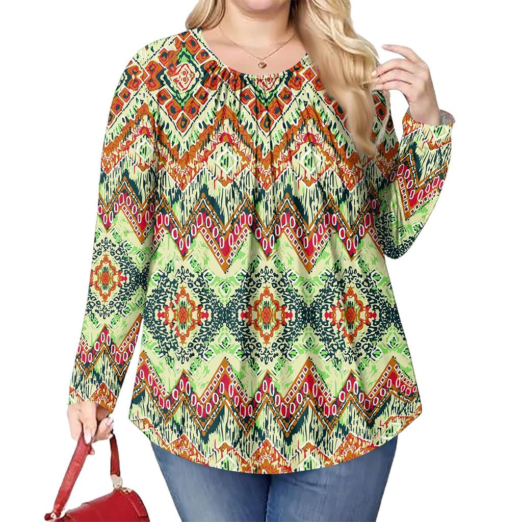 Women's Plus Size Fashion Printed Casual Pleated Round Neck Long Sleeve Top