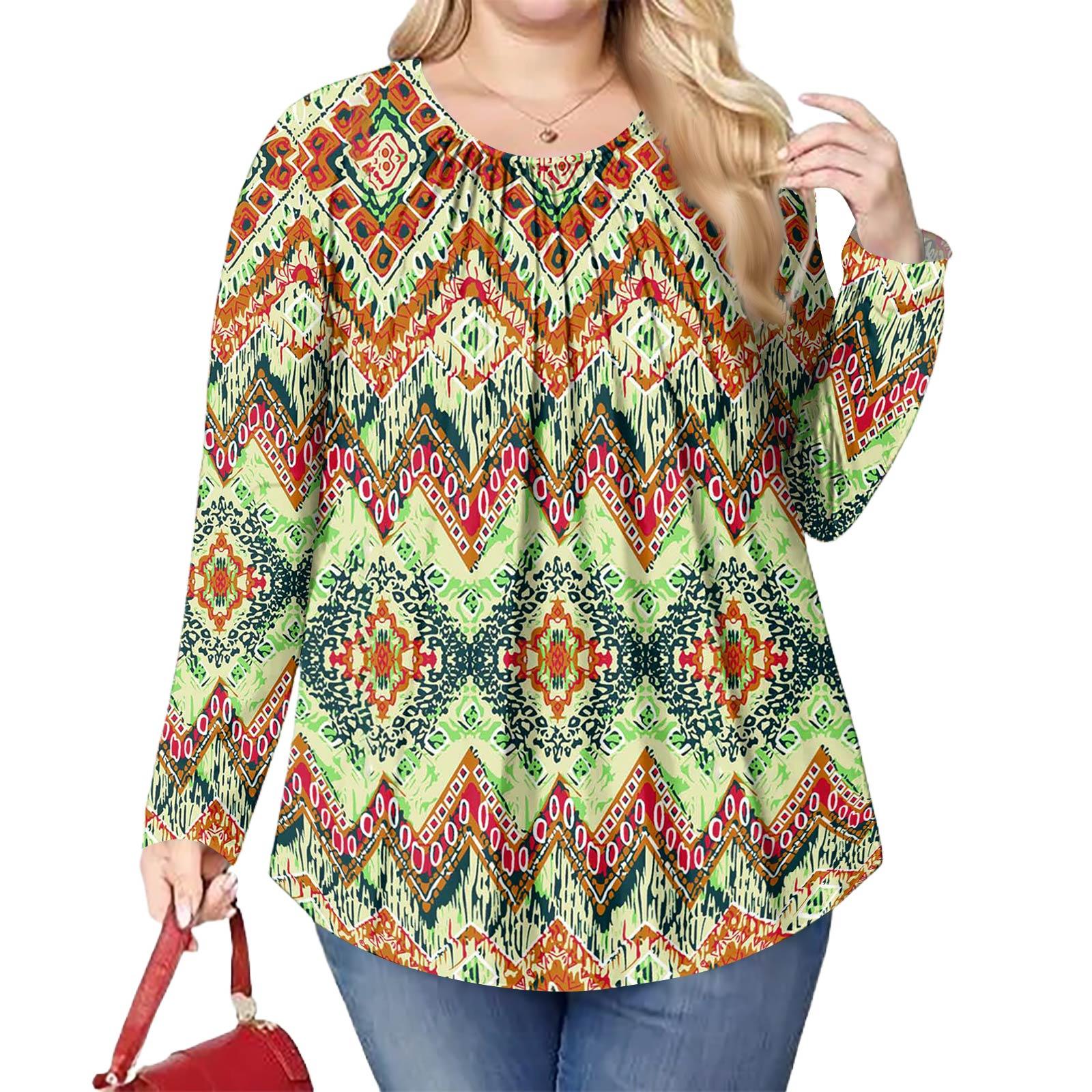 

Женский модный топ большого размера с принтом, повседневный плиссированный, с круглым вырезом и длинными рукавами XXXXL