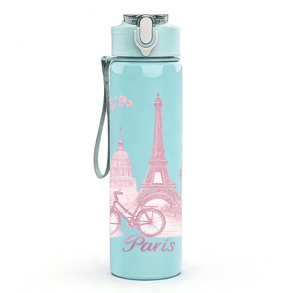 1PC Pink Eiffel Tower Bicycle 750ml Color Plastic Sports Water Bottle Leakproof Flip Straw Lid Suitable for Sports Office Home Use