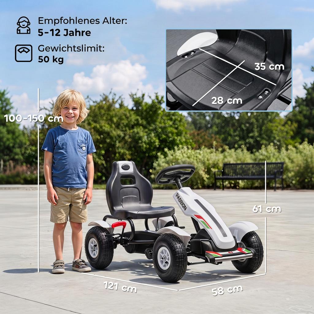 Go-Kart Pedal Car with Hand Brake, Adjustable Seat, Forward and Reverse Gear, up to 50kg for Children 5-12 Years, White