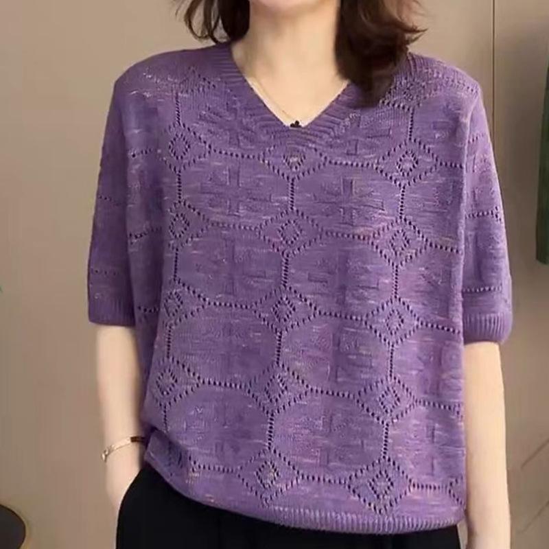 Women's Color Sweater Loose V-neck Pullover Knitted Sweater Short Sleeved Knitted T-shirt