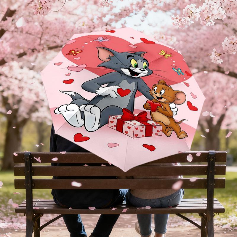 1pc Tom and Jerry Automatic Open/Close Umbrella Compact Folding Umbrella with 8-Rib Shaft Lightweight Esign, for Women/Men1217A