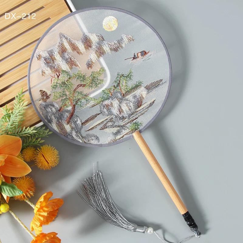 Antique Embroidery Circular Fan Chinese Style Cheongsam Fan Women's Double-Sided Embroidered Transparent round Long Handle Ancient Chinese Clothing