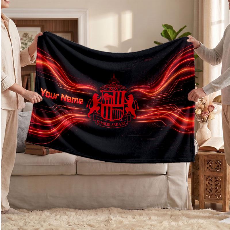 Coperta in Pile Personalizzata Sunderland FC con Logo Calcio, Testo Nome Personalizzato Morbida Calda Coperta da Divano per la Casa