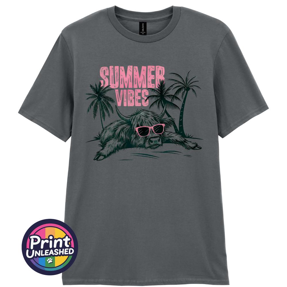 Highland Cow Summer Vibes T Shirt Funny Scottish Cow Beach Holiday Unisex Tee