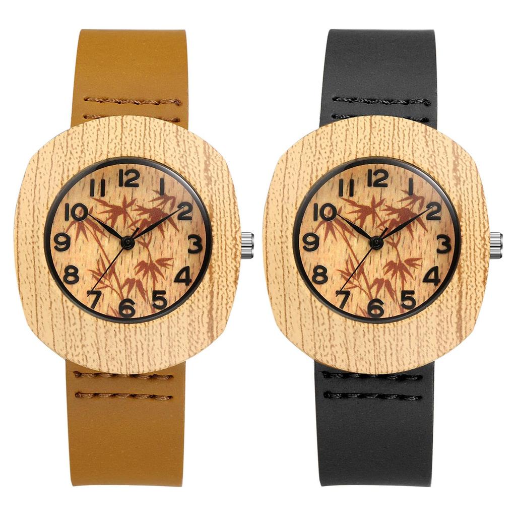 Watch with Bamboo Genuine Leather Arabic Wooden Dial with Quartz Analog Soft Leather Casual Business Stylish Gift Women's Design, Strap, Numerals,