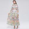 Robe de plage florale magnifique pour les vacances Printemps Été 2026 pour femmes Manches lanterne à col montant Boutonnage simple Ceintures Robe ample en mousseline