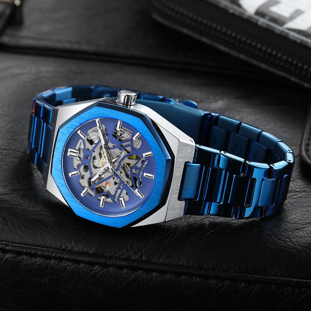 BOLYTE Men's Mechanical Automatic Watch with Octagonal Case and Stainless Steel Band, Skeleton Design, Silver Blue, Classic Design
