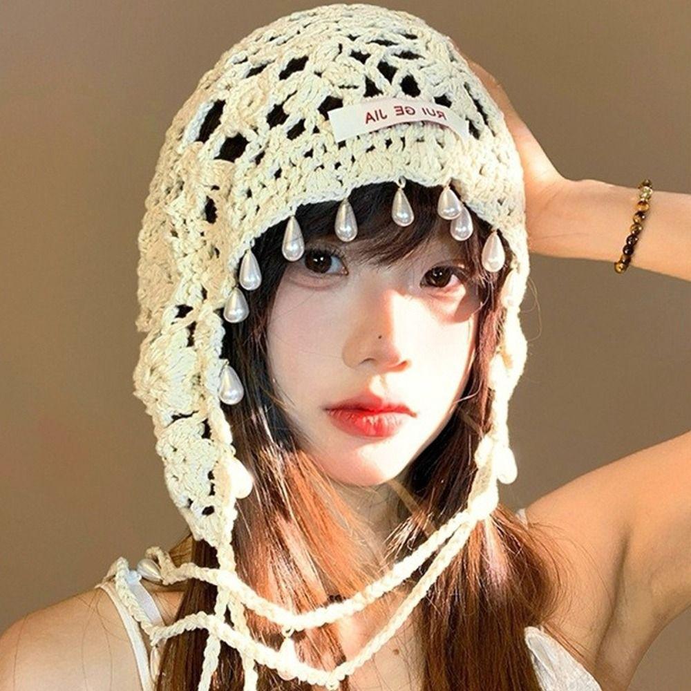 Pearls Crochet Tassels Cap Handmade Weave Basin Hats Cute Knitted Beanies Caps Outdoor