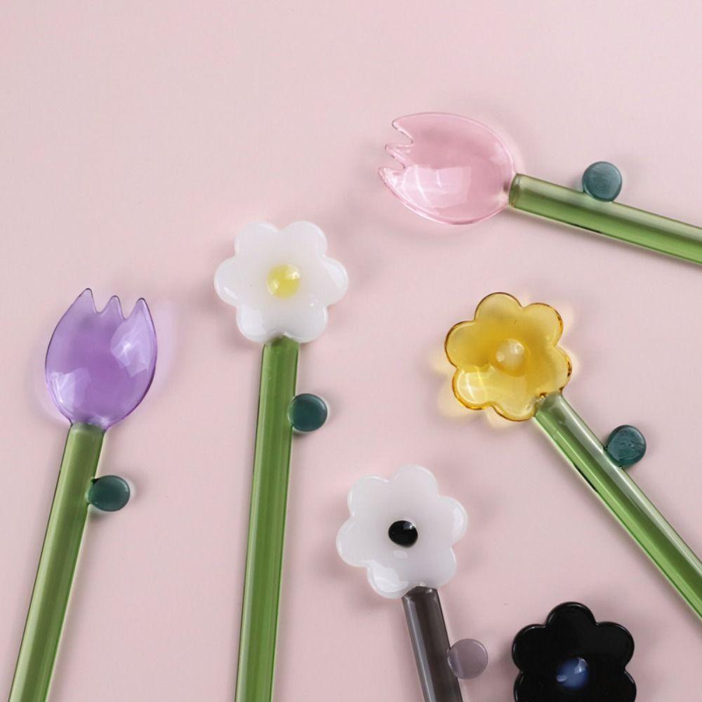 Flower Shaped Glass Spoon Long Handle Mixing Sticks Creative Coffee Stirring Spoon Stick Home