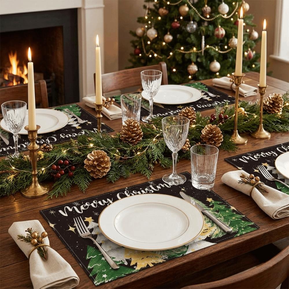 4PCS Linen-like Christmas Tree Placemats Anti-slip Tableware Insulated Mats New Year