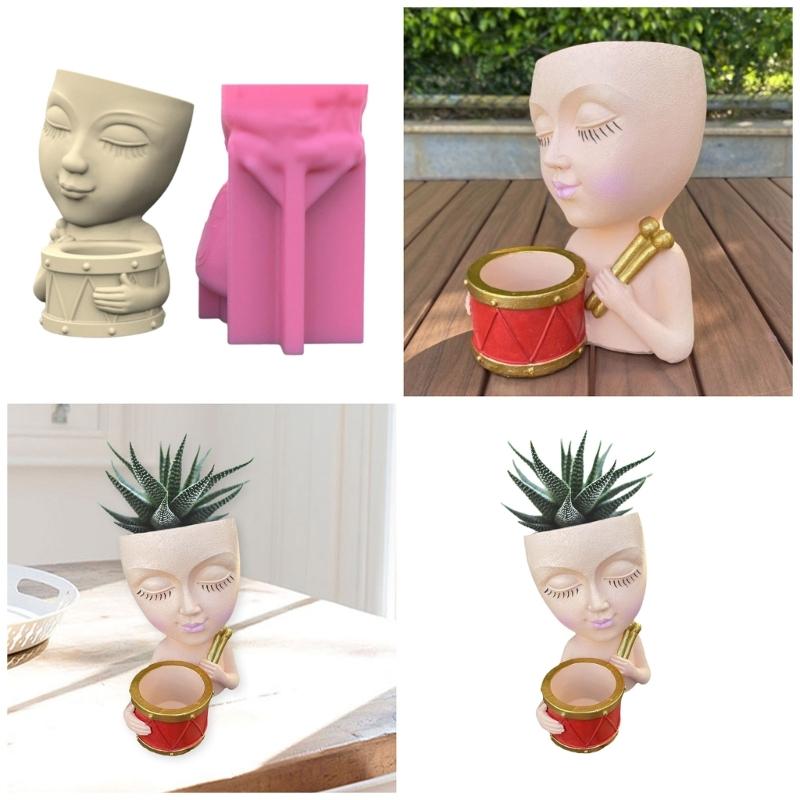 Durable Silicone Mold Silicone Casting Mould Human with Drum Shaped Silicone Craft Molds for DIY Making Resin Flowerpot