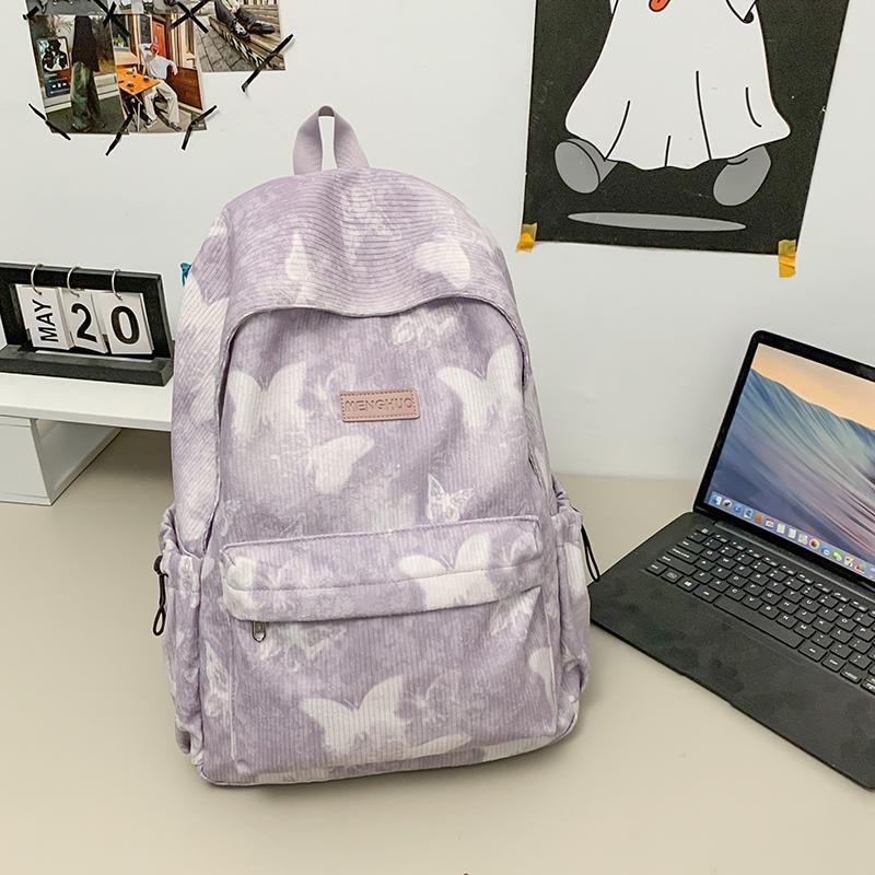 Women's Butterfly Printed Backpack Corduroy Student School Bag Large Capacity Class Backpack