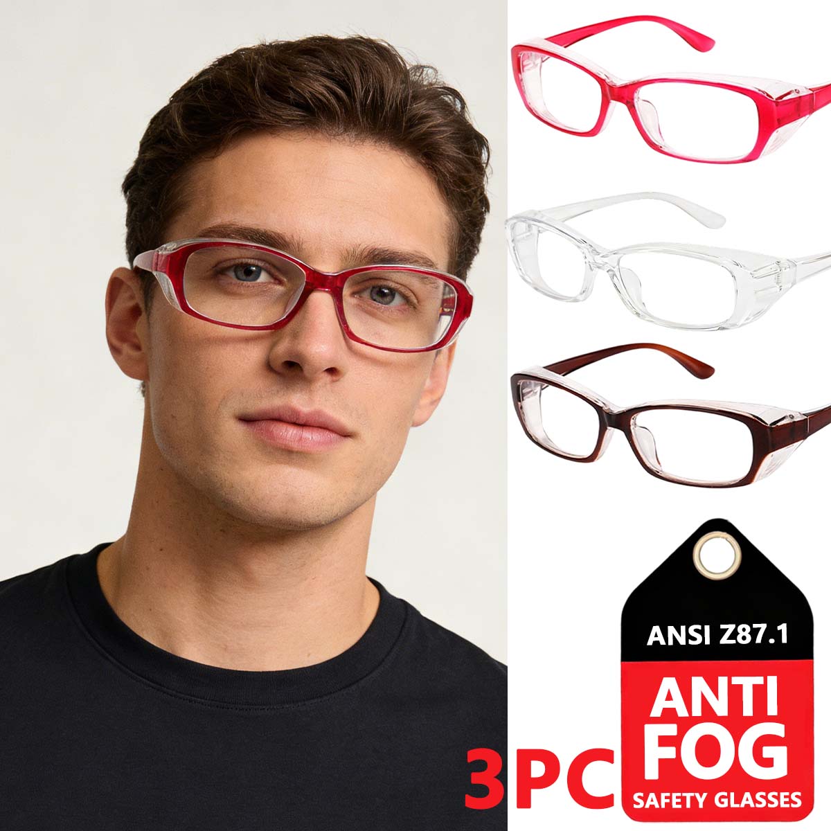 3 Pack Safety Glasses, ANSI Z87.1 Impact Resistant Anti-Scratch Safety Goggles for Men Women Youth HM8