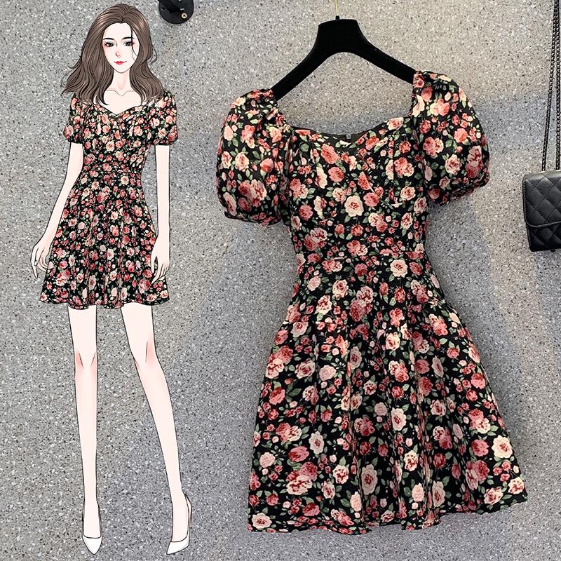 

2023 Plus Size Floral Puff Sleeve Square Neck Dress for Women L
