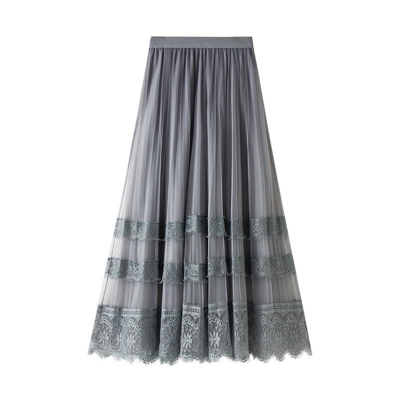 Korean Version of The High-waist Lace Stitching Mesh Skirt Women's Pleated Skirt A-line Mid-length Skirts