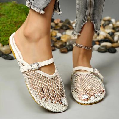 Mode 2024 Hot Sale Damesschoenen Zomer Dames Slippers Ronde Neus Effen Gesp Decoratie Net Gaas Ademend Lage Hak Slippers