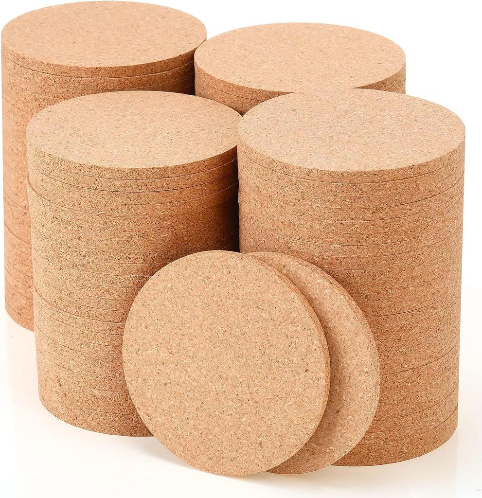 Stylish cork coasters, 5mm thick, 10cm diameter, round, pack of 100. Heat-resistant, non-slip, and perfect for coffee tables. A warm gift for home
