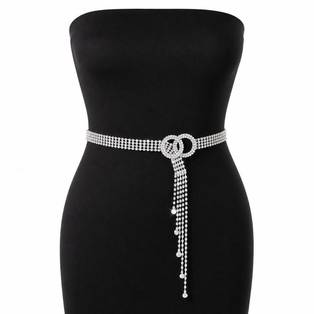 Gold Silver Color Rhinestone Chain Belt Sparkle Tassels Sequin Corset Belt  For Women
