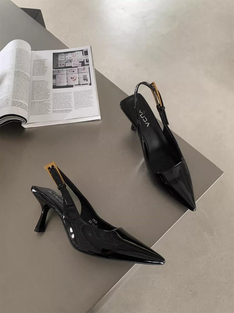 French Patent Leather Baotou Sandals Women's 2025 Summer New Versatile Stiletto Pointed One-word Buckle with Temperament High Heels