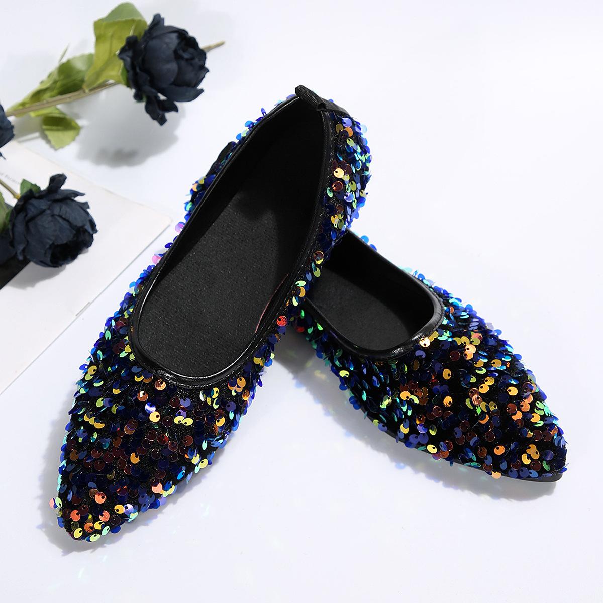 

Весна 2024 года, новые модные женские туфли для прогулок на открытом воздухе, удобные сандалии с острым носком, повседневные туфли на плоской подошве с пайетками и небольшим вырезом 43