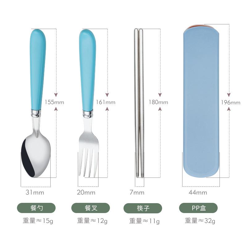 Stainless steel portable tableware set, plastic handle travel portable three-piece set, student canteen spoon fork chopsticks