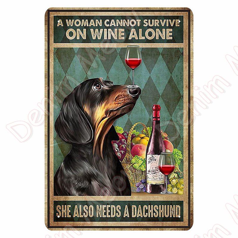 Vintage Bulldog Tin Sign for Home Wall Decor, A Woman Cannot Survive On Wine Alone, Funny Cat, Dog Metal Sign, Bar Decor