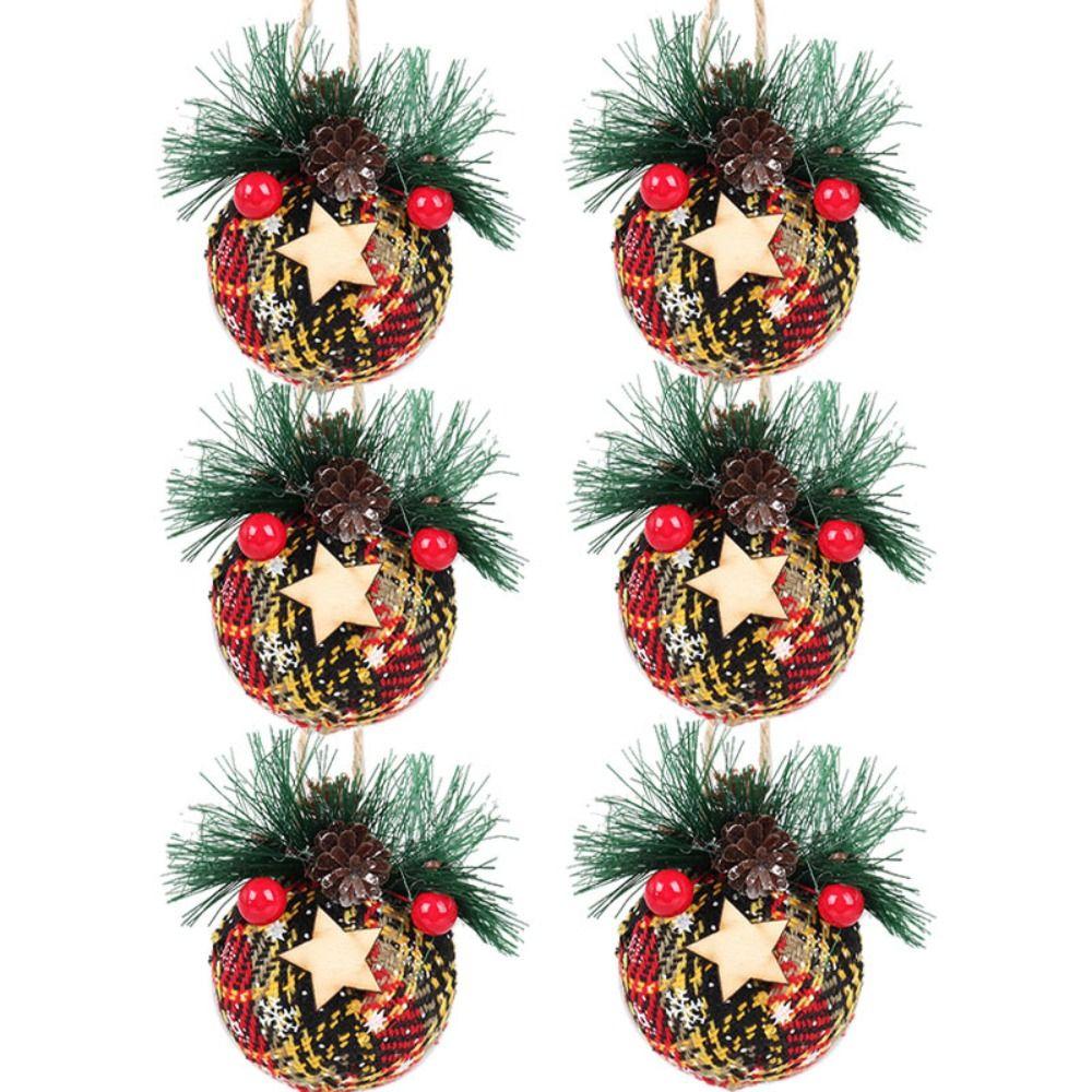 

6pcs Pine Cones Christmas Wrapped Cloth Ball Red Green Plaid Cloth 6cm Christmas Tree Ball with Berry Leaves Pendants 1.5cm