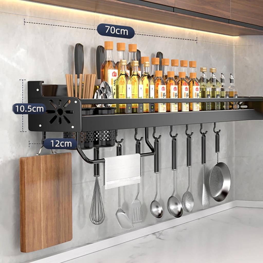 Black Wall Mounted No-Punch Large Capacity Storage Utensils Metal Kitchen Shelf Skeletonized Drainage Design Easy To Clean