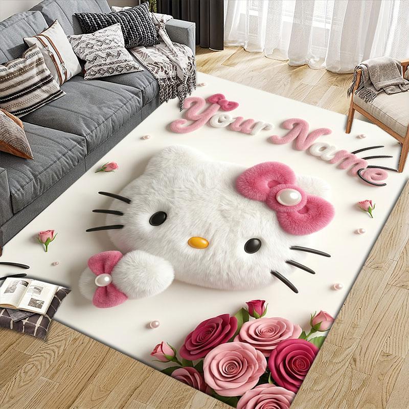 Custom Name,3D Inflated Hello Kitty Home Sofa Decoration for Living Room & Bedroom, Non‑Slip Play Flannel Floor Mat for Game Room