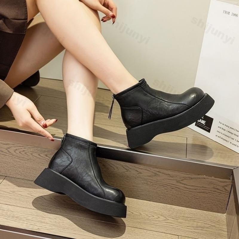 Damen Stiefeletten 2026 Herbst/Winter Mode Dicke Sohle Plateau Outdoor Freizeit Kurze Stiefel Reißverschluss Damenschuhe Botas Mujer