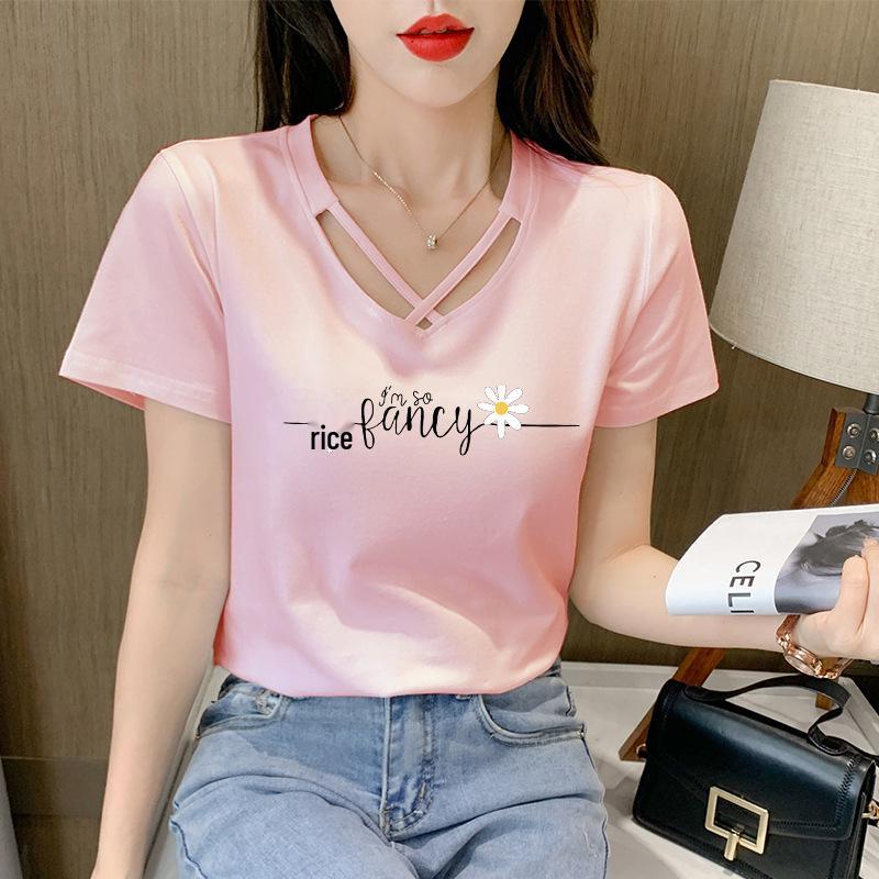 2025 Women's Korean Style V-Neck Short-Sleeve Solid Color T-Shirt