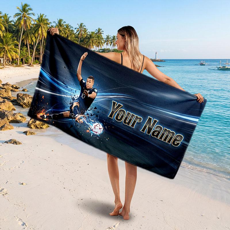 Kylian Mbappe Custom Beach Towel, Personalized Name Text Print, Football Logo Soft Quick‑Dry Towel Holiday Gift