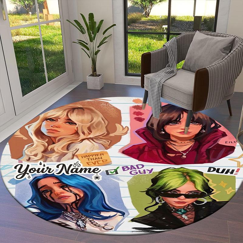 Billie Eilish Custom Name Round Area Rug,Carpet Rug for Living Room Bedroom Sofa Playroom Decor,Non-slip Floor Mat