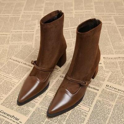 Women's Riding Boots Autumn Winter Fashion Pointed-toe Design Short Boots Zippers  Back Slim Low-heeled Nude Boots Bottes Femmes
