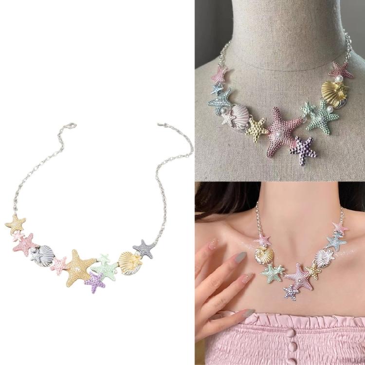 Adjustable Necklace With Starfish Shell Pearls Charm Alloy For Vacation And Parties