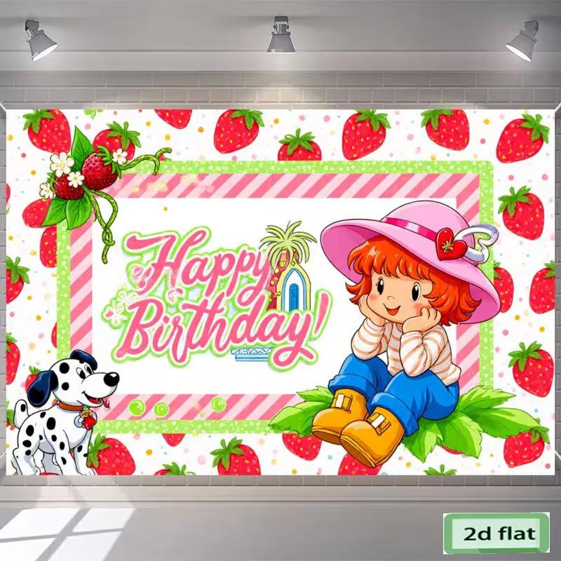 

2D Cute Strawberry Girl Backdrop, Cartoon Dog & Strawberry Happy Birthday Photography Background for Kids 47.2x31.5inch/120*80cm