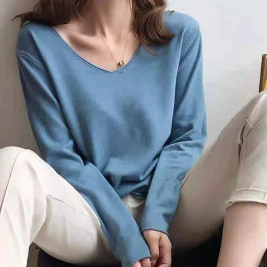 2026 Korean V-Neck Long Sleeve Knit Pullover Sweater for Women