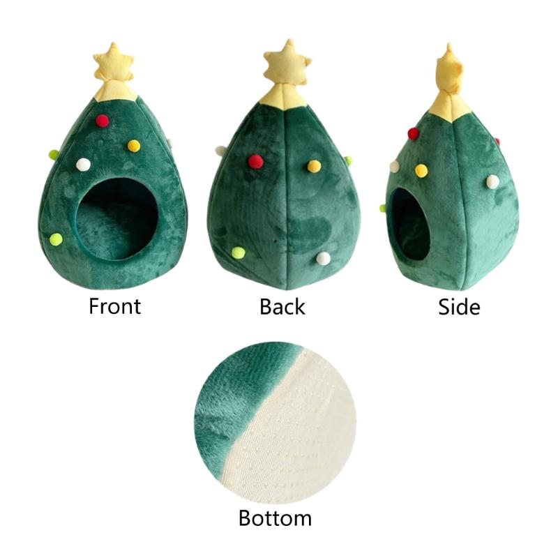 Christmas Tree Cats Bed For Small Dog Cats Warm Plush Indoor Retreat House With Detachable Cushion for Pet Rest and Sleep