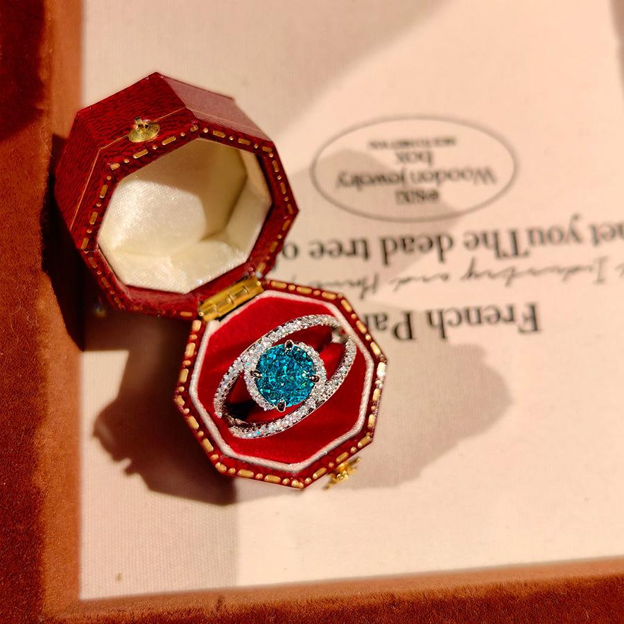 Fashion Light Luxury Tanzanian Blue Crushed Ice Flower Cut Ring Inlaid With High Carbon Diamonds Bird'S Nest Cut Simple Temperament Sea Blue