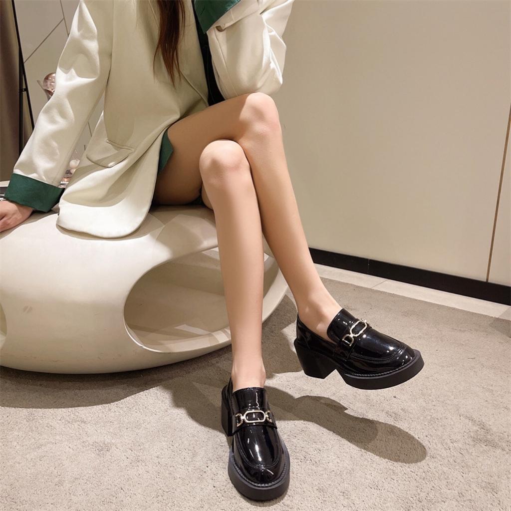 Metal chain platform spring and autumn black thick heel high heel retro British small leather shoes single shoes