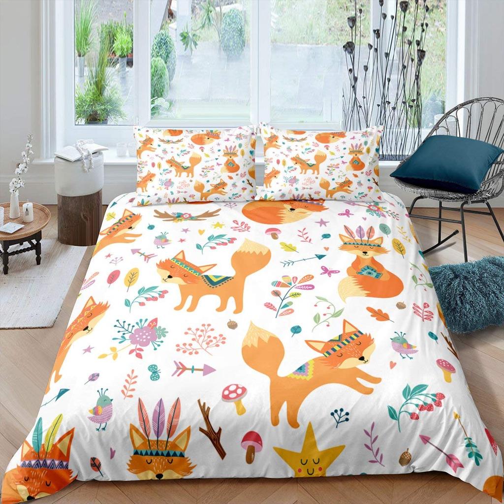 Comforter Fox Girls Cartoon Fox Bedding Set Lovely Animal Theme Comforter For Kids Teens King