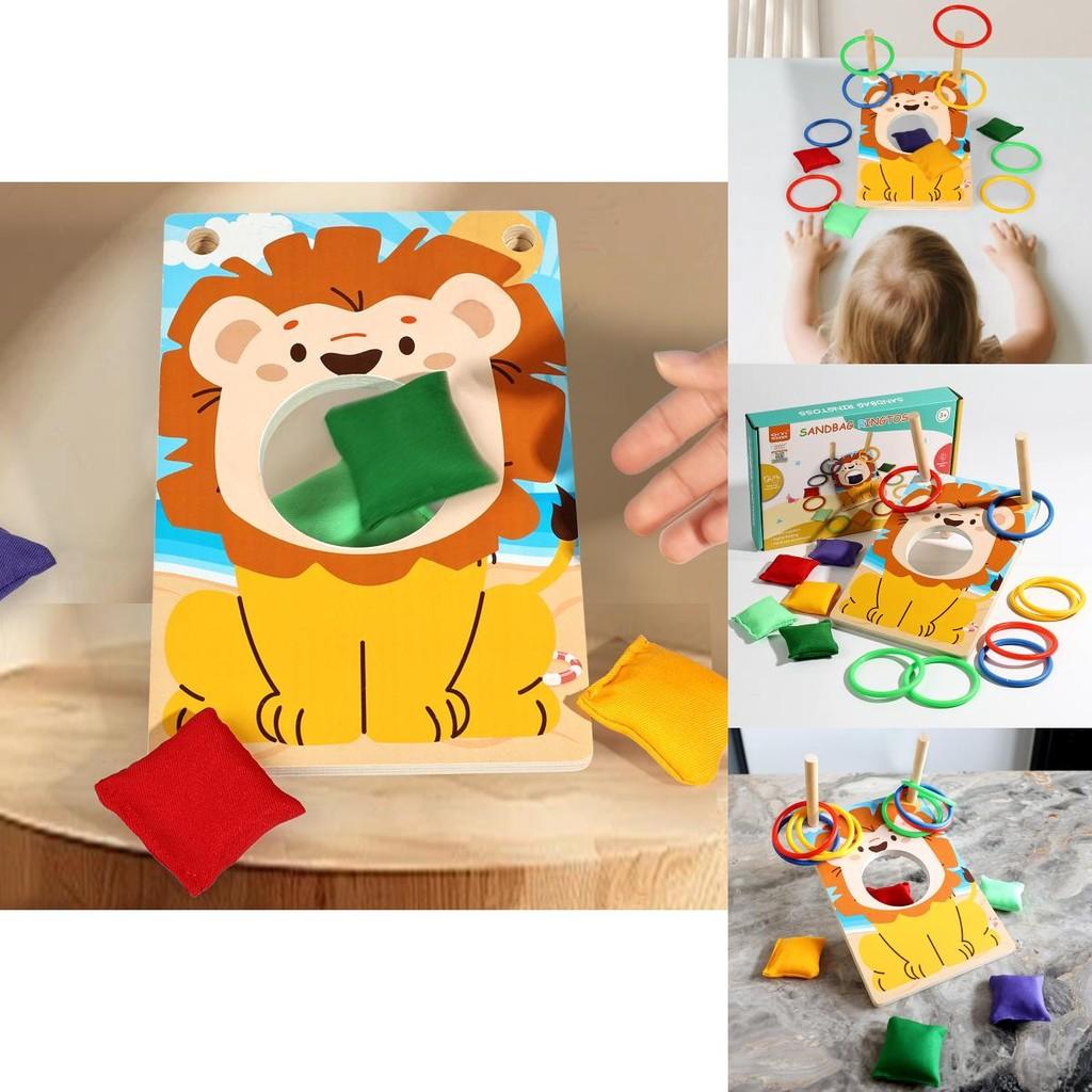 Childrens Lion Fun Bean Bag Toss Ring Game With Wooden Material For Educational Play