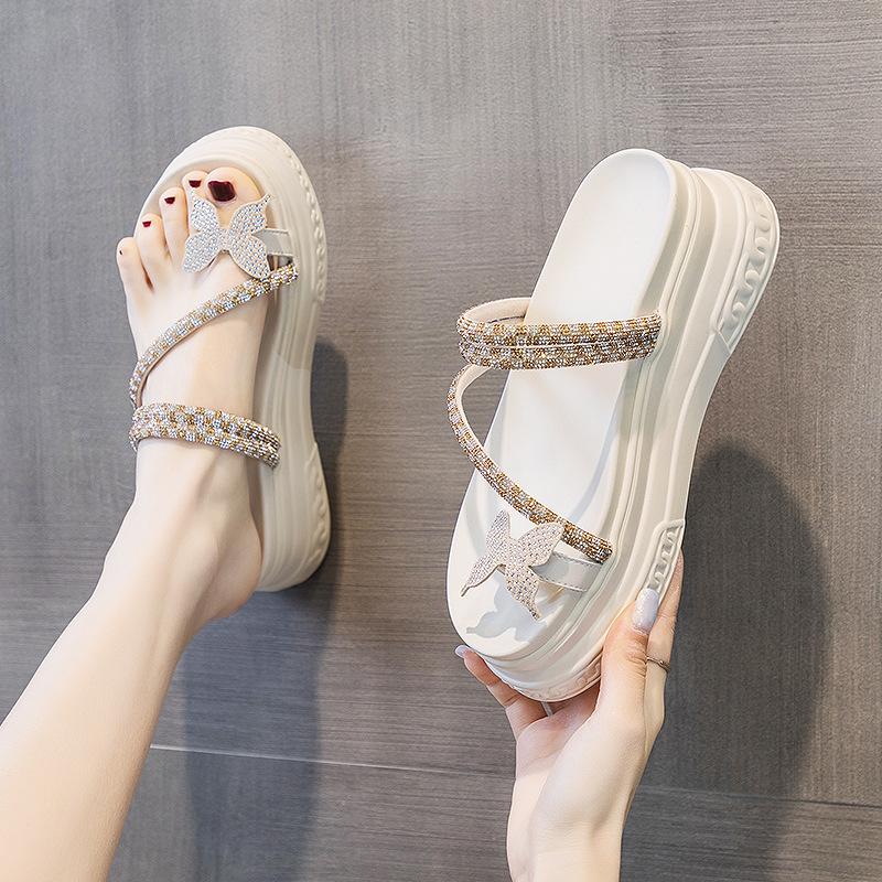 

Women wearing half slippers 2025 summer explosion set toes butterfly rhinestone thick bottom one-word drag versatile fairy style fashion 40 бежевый
