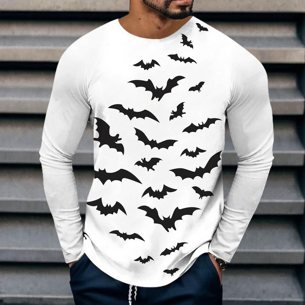 Spring and Autumn Round Neck 3D Bat Printed Top Fashionable Casual Long Sleeved Men's T-shirts