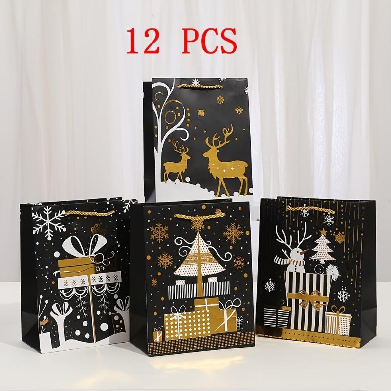 12 Pcs Festive Christmas Gift Bags: Black with Golden Printed Designs - Perfect for Wrapping Holiday Presents