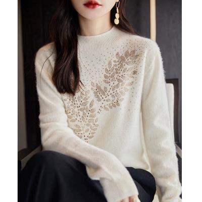 Autumn Winter Women Stylish Rhinestone Chic Soft Cashmere Sweater Half High Collar Long Sleeve Knitted Pullovers Elegant Jumper