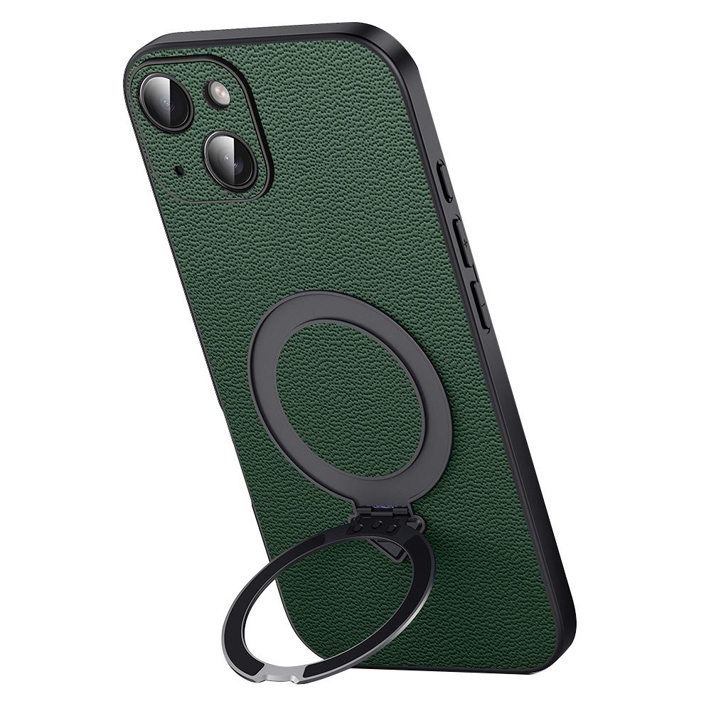

For iPhone 15 Plus Case Compatible with MagSafe Genuine Cow Leather+PC Kickstand Phone Cover Green