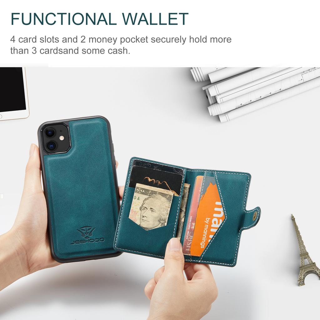 For iPhone 11 Pro Max Case JEEHOOD J01 Retro Leather Phone Back Cover with Detachable Magnetic Card Holder