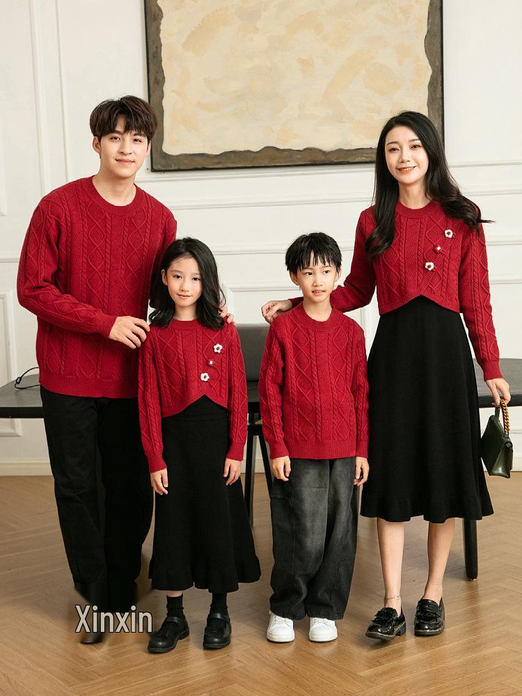 New Parent-Child Red Sweater: Women's Dress & Men's Top, Autumn/Winter Thick Knit Korean Style Family Outfit.